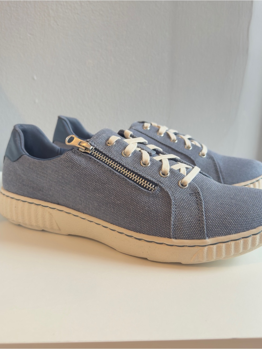 Clarks Women's Light Blue Canvas Sneaker with Cream Sole